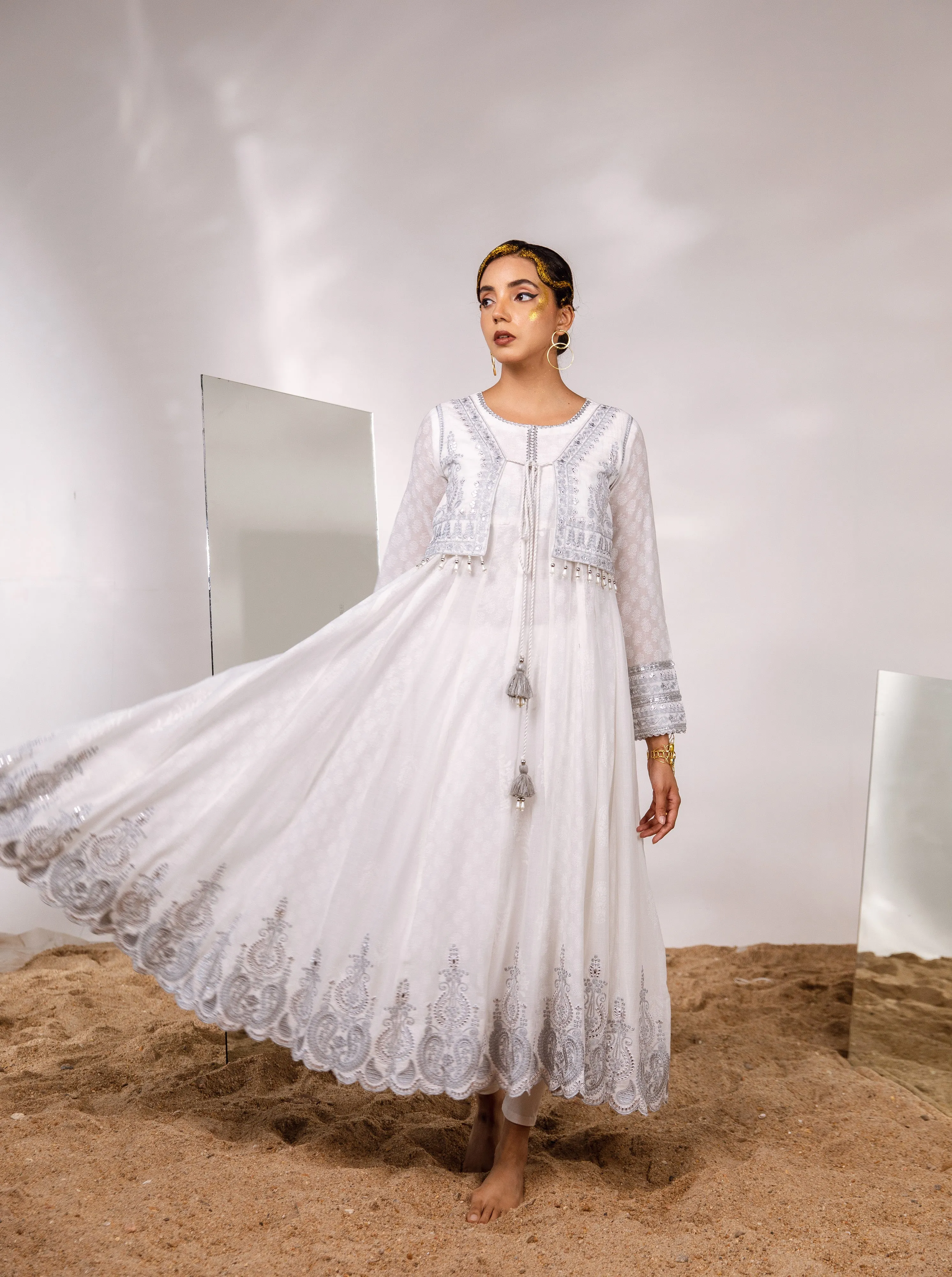 Women's Cotton White Anarkali Gown