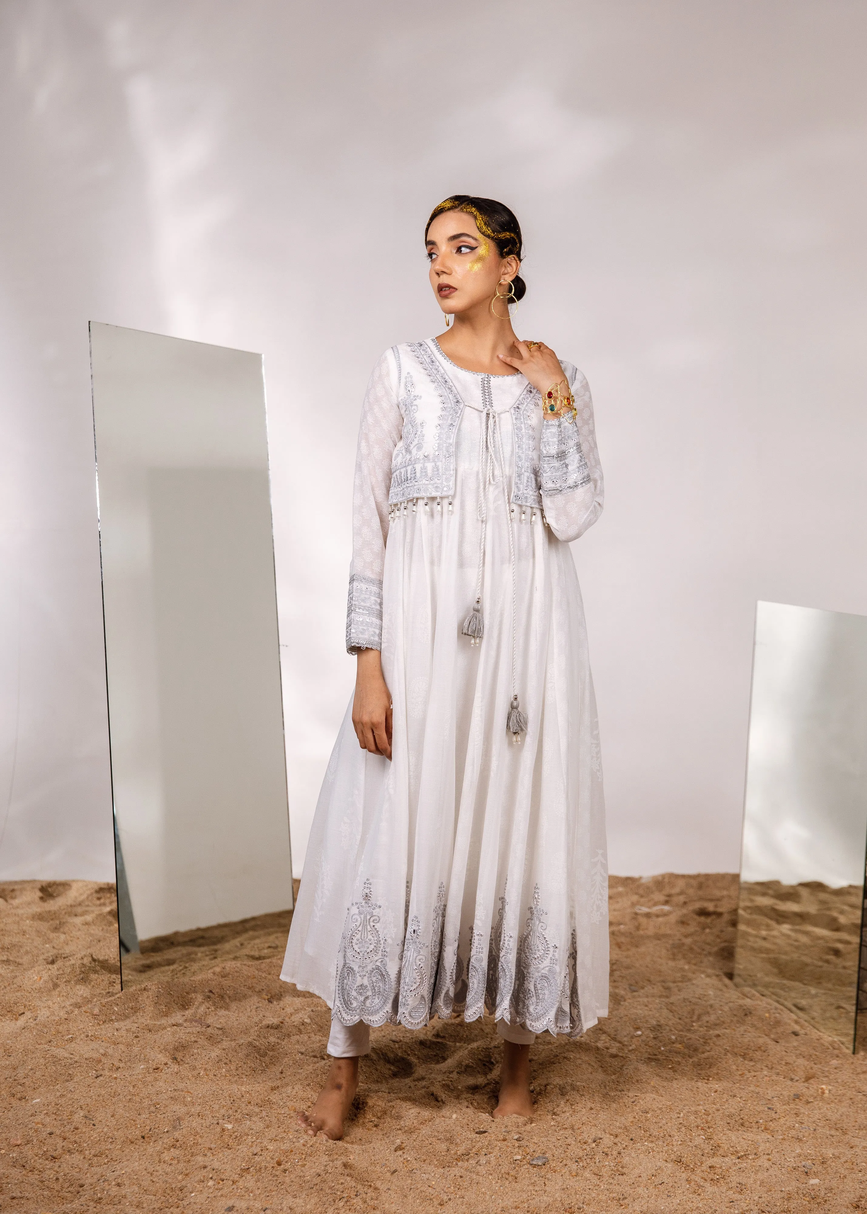 Women's Cotton White Anarkali Gown