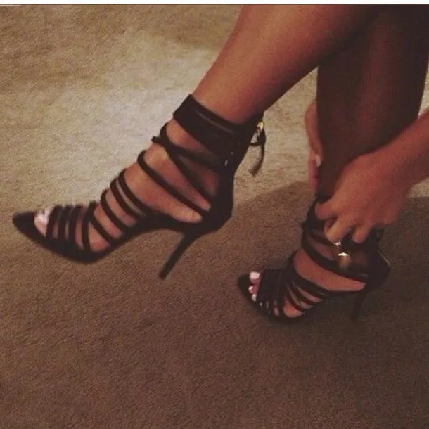 Women's High Heel Gladiator Black Strappy Stiletto Sandals