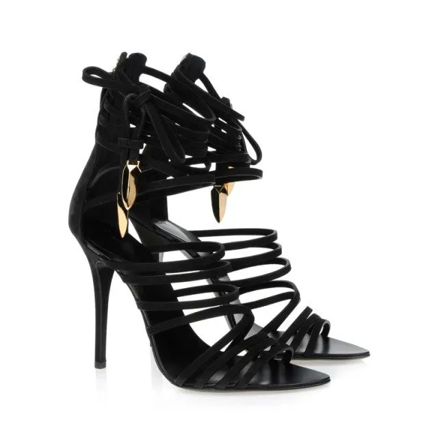Women's High Heel Gladiator Black Strappy Stiletto Sandals